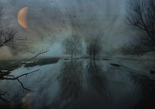 Misty Moon over Water Art Print
