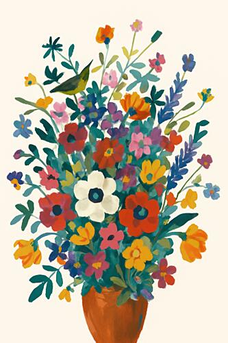 Colorful Blooms with Bird Art Print
