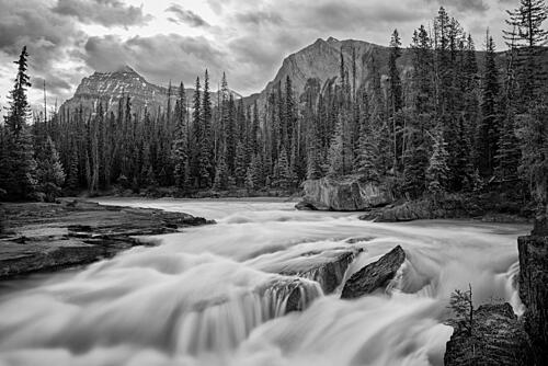 Monochrome Mountain River Flow Art Print