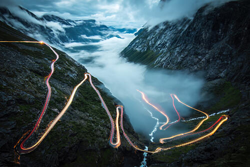 Winding Mountain Light Trails Art Print by Christoph Schaarschmidt