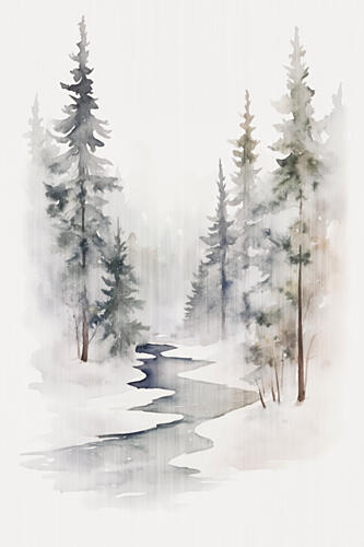Serene Winter Forest Stream Art Print