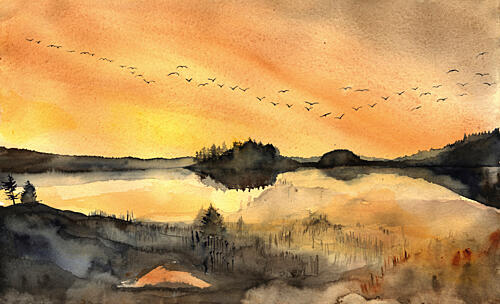 Golden Lakeside Flight Art Print