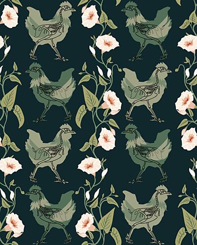 Dark Floral Chicken Skeletons Art Print