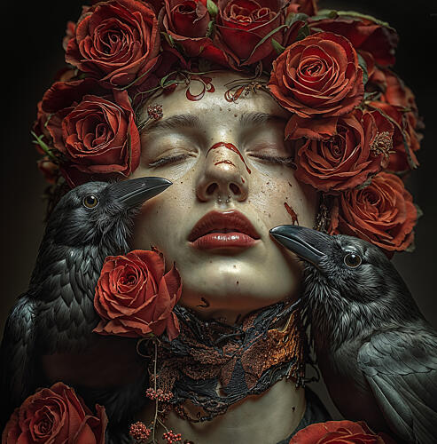 Woman with Rose Crows Art Print by DDiArte