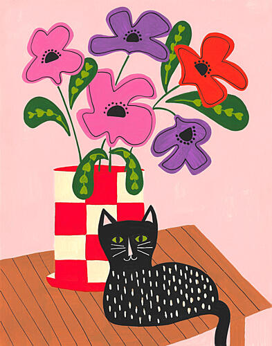 Whimsical Cat and Flowers Art Print