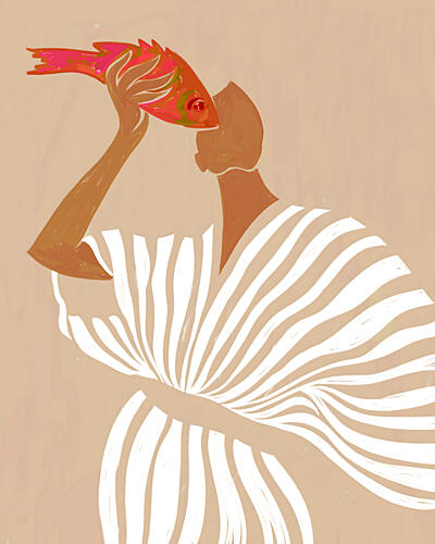 Woman Admires Fish Art Print