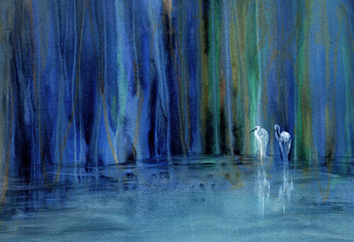 Serene Blue Forest Egrets Art Print