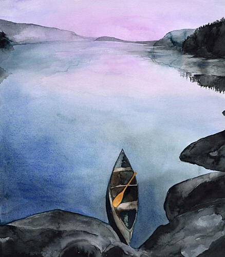 Peaceful Mountain Lake Canoe Art Print