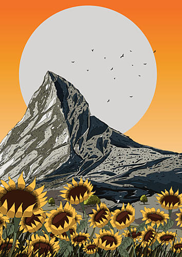 Mountain Sunflowers Sunset Art Print