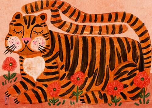 Happy Tiger in Poppies Art Print