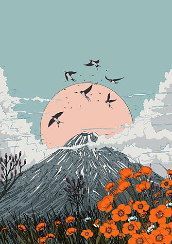 Mount Fuji Poppies Sunrise Art Print