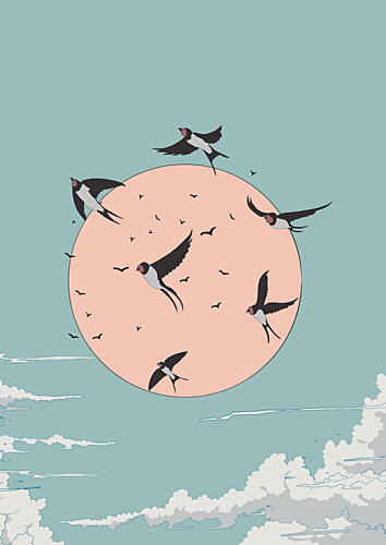 Swallows under Orange Moon Art Print