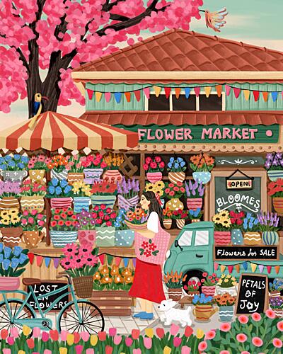Colorful Flower Market Scene Art Print by Nidhi Kachhadiya