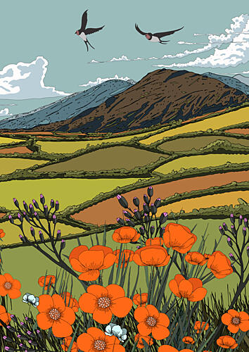 Swallows over Poppy Fields Art Print