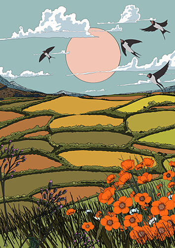 Swallows over Poppy Fields Art Print