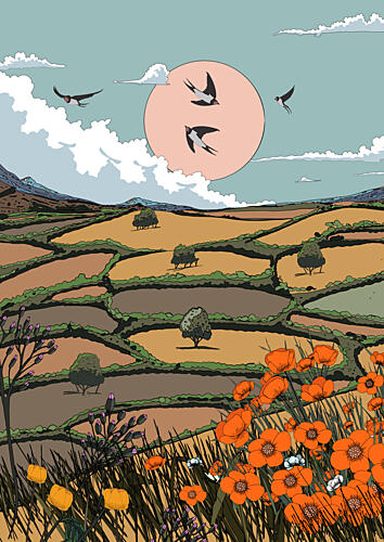 Swallows over Poppy Fields Art Print
