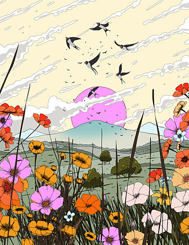 Swallows Pink Sunset Meadow Art Print