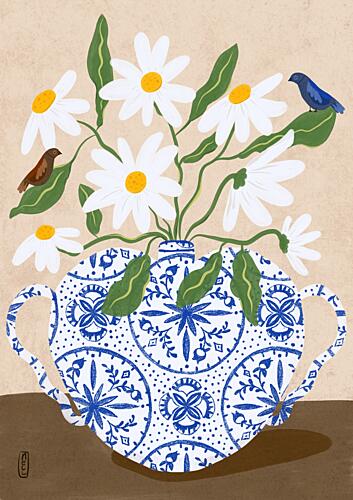 Daisies in Blue Teapot Art Print