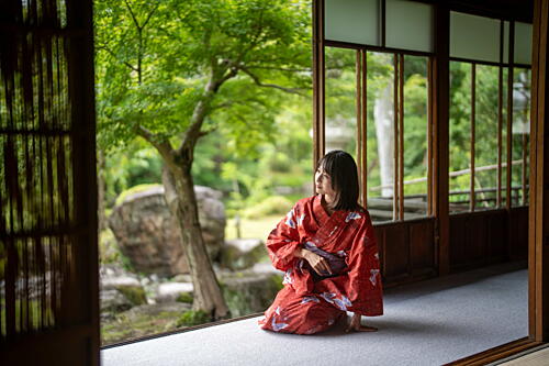 Woman in Japanese Garden Art Print by Mitsume Souma