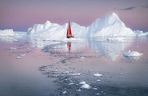 Red Sailboat Pink Sky Art Print by Qiang LI