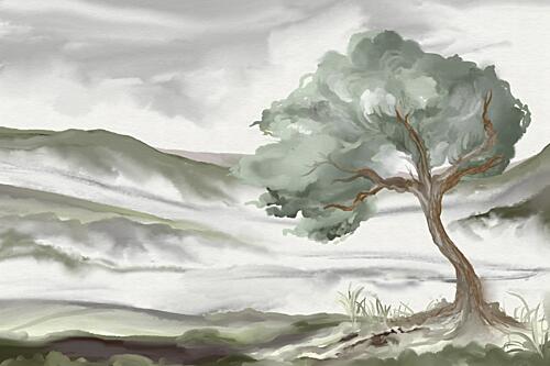 Misty Hillside Tree Art Print
