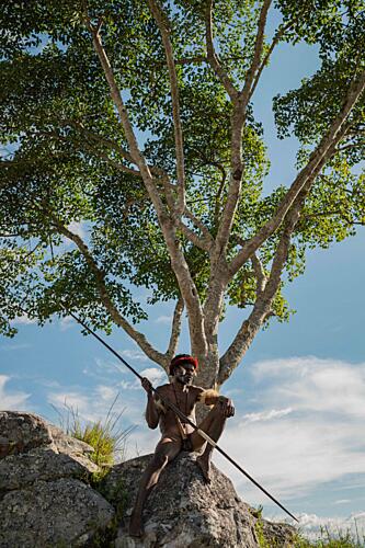 Indigenous Hunter with Spear Art Print by Jj Fu