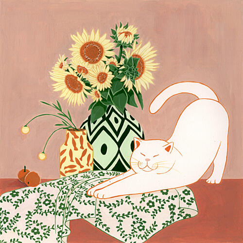 Happy Cat Sunflowers Art Print