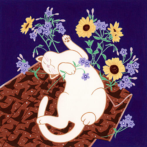 Playful Cat and Sunflowers Art Print