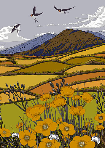 Swallows over Yellow Fields Art Print