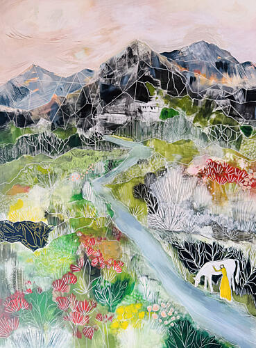 Woman Cow Mountain Valley Art Print