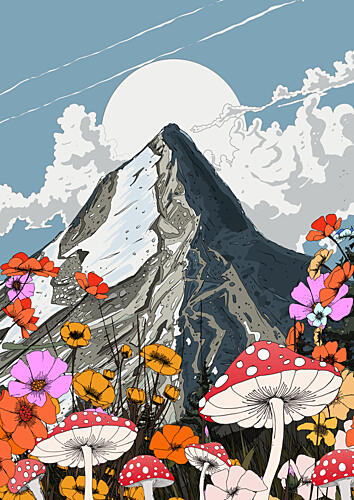 Vibrant Mountain Mushroom Meadow Art Print
