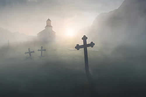 Misty Church and Crosses Art Print by Robert van der Smitte