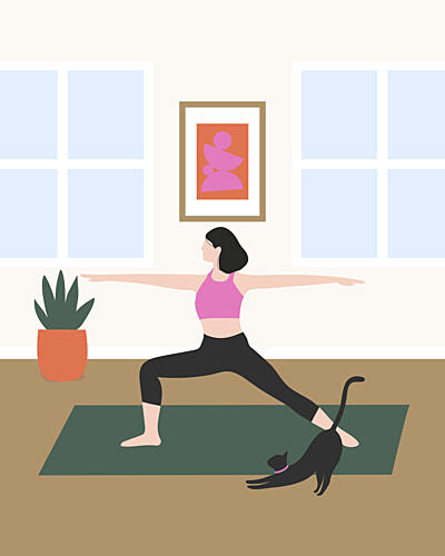 Warrior Pose with Cat Figuratif reproduction