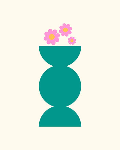 Teal Vase Pink Flowers Art Print
