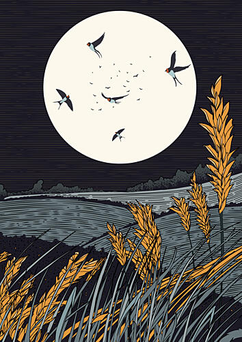 Swallows over Moonlit Field Art Print