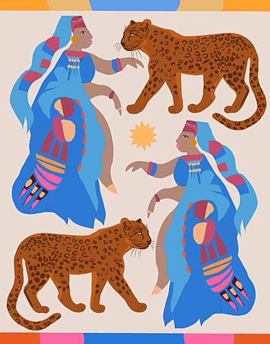 Blue Dancers and Leopards Figuratif reproduction