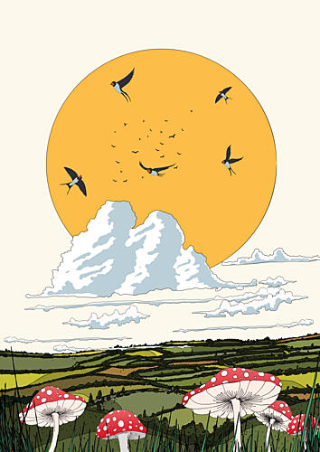 Mushroom Fields Flying Swallows Art Print