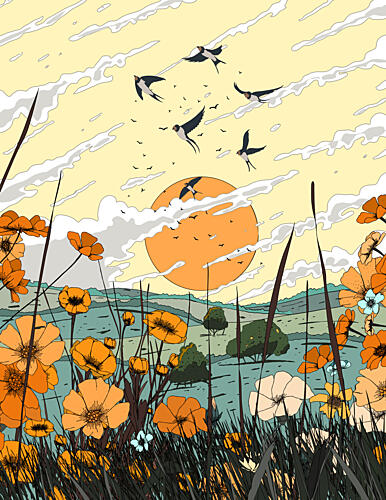 Swallows over Wildflowers Art Print