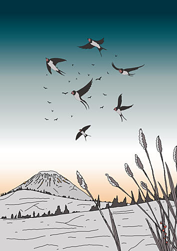 Serene Swallows Winter Mountain Art Print