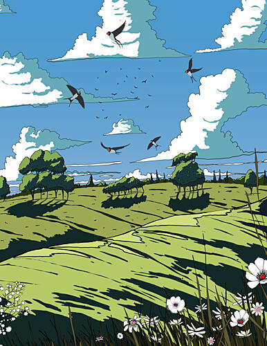Vibrant Hillside Swallows Art Print