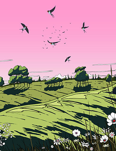 Swallows Flying Pink Sky Art Print