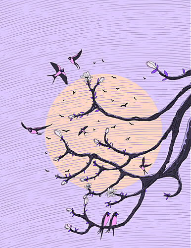 Swallows Blossom Moon Art Print