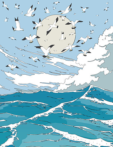 Gulls Soaring Ocean Moon Art Print
