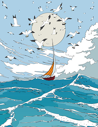 Sailboat under Flying Seagulls Art Print