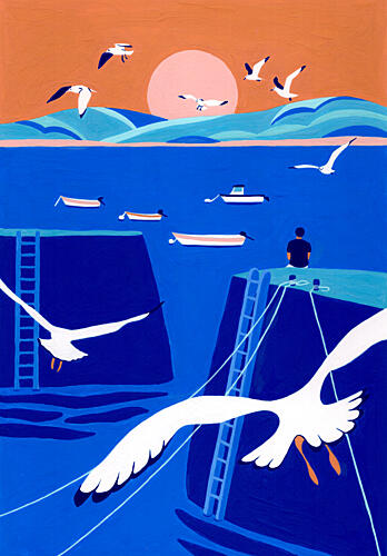 Harbor Sunset Seagulls Art Print by Julie Lesouef