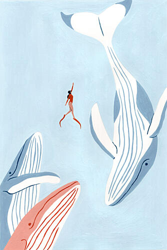 Woman and Whales Swim Art Print