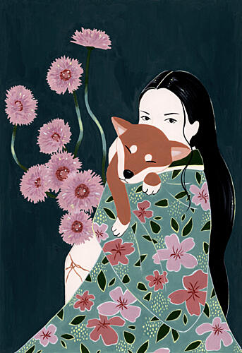 Woman Holding Shiba Inu Art Print