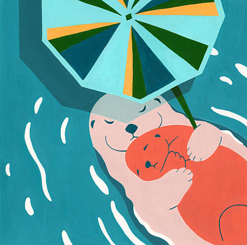 Cuddling Otters under Umbrella Art Print by Julie Lesouef