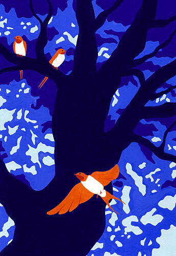 Orange Birds Blue Tree Art Print by Julie Lesouef