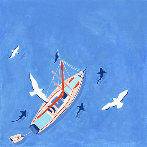 Sailboat Ocean Sharks Art Print by Julie Lesouef